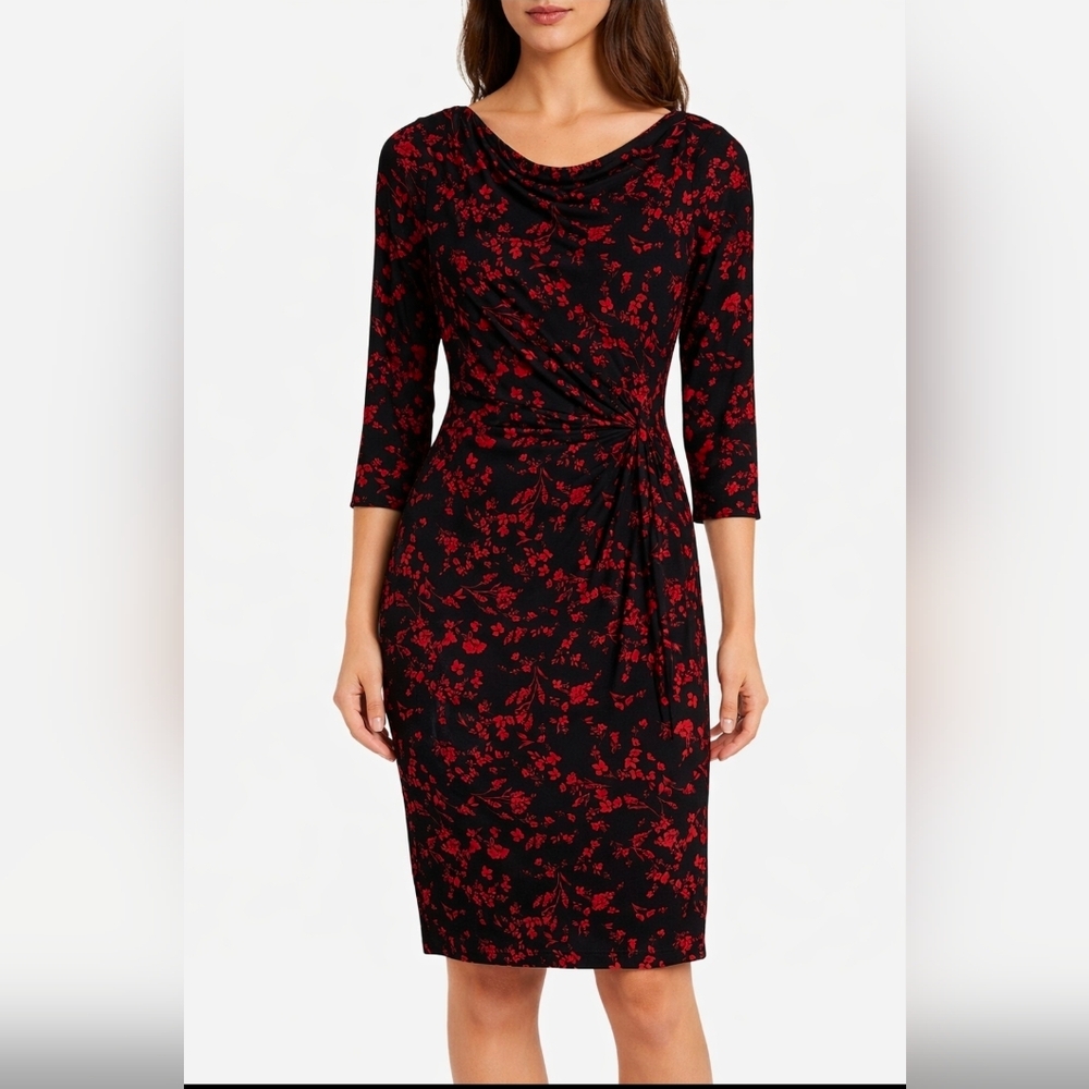 Lauren Ralph Lauren Black & Red Floral Jersey Dress Cowl Neck Twist 3/4 Sleeves